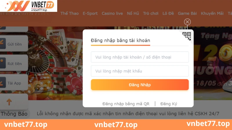 hướng dẫn đăng nhập Vnbet77